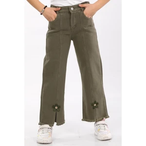 %100 Pamuk-Denim-Paça Tivsitmeli-Papatya Nakışlı-Boydan Dikişli-Kız Çocuk Pantolonu