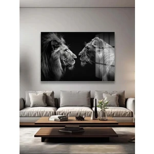 Dişi ve Erkek Aslan Ailesi Cam Tablo, Ev ve Ofis Hediyesi Yüksek Çözünürlüklü 4mm Cam Tablo