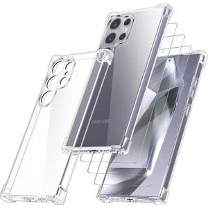 M.tk moveteck Samsung Galaxy S24 Ultra Kılıf Köşe Korumalı Darbeye Dayanıklı Antişok Şeffaf Silikon + 9h Temperli Cam 2in1 Set