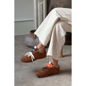Nişantaşı Shoes Bellini Taba Süet Düz Taban Kadın Bağcıklı Spor Ayakkabı