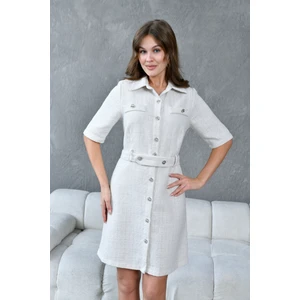 Şanel Kumaş Kemer Detaylı Önden Düğmeli Kadın Gömlek Elbise 025