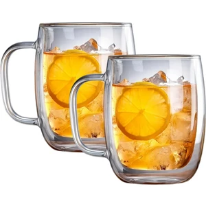 2 Adet 250 ml Çift Cidarlı Isı Yalıtımlı Kulplu Cam Şeffaf Kupa MIT1009