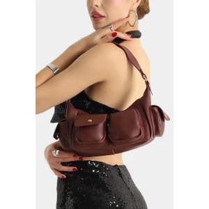 Bordo Astarlı Çok Cepli Baget Model Deri Kadın Çanta