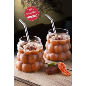 2 Adet Üzüm Model Borosilikat Kokteyl Ve Soğuk-Sıcak Kahve Bardağı Pipet Hediyeli 350 Ml