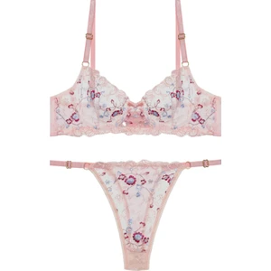 Pembe Balenli Dantelli Transparan Sütyen Takımı