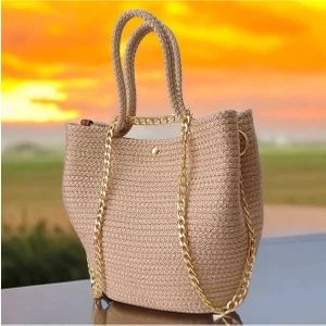 Hediyenin Elli Tonu Gold Çanta El Yapımı Hasır Gold Çanta Gold Renkli Zincir Detaylı Özel Tasarım Şık Kadın Çantası