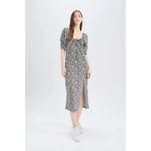 Bodycon Vücudu Saran Kare Yaka Çiçek Desenli Bürümcük Yarım Kol Midi Elbise Z5262AZ25SP