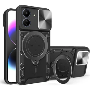 Xiaomi Poco C65 Uyumlu Kılıf Zebana Manyetik Standlı Armor Silikon Kılıf Siyah