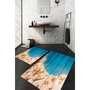 Carmine Carpet Dijital Baskılı Yıkanabilir Deniz Kabuğu Desenli Kaymaz Taban 2'li Banyo Paspas Seti