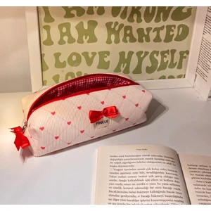 Kırmızı Kalp Desenli Fiyonklu Kalemlik/mini Makyaj Çantası/ Astarlı Okul Kalemliği/yıkanabilir Kumaş Kalemlik/özel Tasarım Sınırlı Adet Kalemlik/ Masa Kalemliği/ Organizer/ Makyaj Çantası
