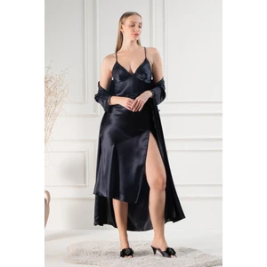 Lunoche Nightwear Kadın Güpür Dantel ve Sırt Detaylı Uzun Saten Çeyizlik Ikili Gecelik Sabahlık Takımı