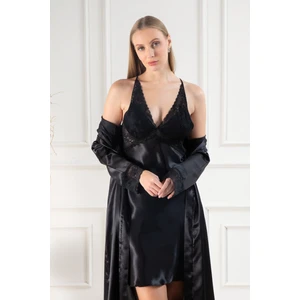 Lunoche Nightwear Kadın Dantelli Sırt Detaylı Uzun Saten Çeyizlik Ikili Gecelik Sabahlık Takımı