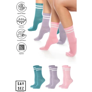 Bambu Unisex Tenis Kolej Çizgili Premium Dikişsiz Soket Çorap 3'lü Paket