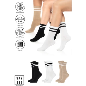 Bambu Unisex Tenis Kolej Çizgili Premium Dikişsiz Soket Çorap 3'lü Paket