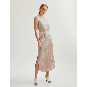 Kolsuz Bisiklet Yaka Yırtmaç Detaylı Kemerli Parlak Pileli Piliseli Uzun Elbise