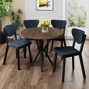 Agnes Serisi 90 x 90 Yuvarlak Barok Ahşap Desen Masa Takımı ve 4 Antrasit Sandalye