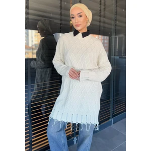 Kadın Bisiklet Yaka Püsküllü Tesettür Triko Kazak