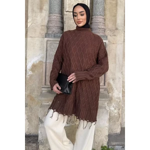 Kadın Bisiklet Yaka Püsküllü Tesettür Triko Kazak