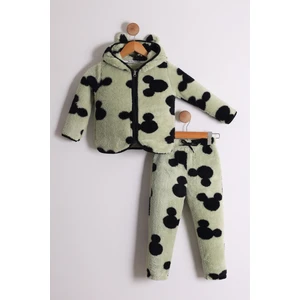 Unisex Çocuk Kapüşonlu Mickey Mouse Detaylı Peluş Hırka ve Peluş Pantolon 2'li Alt Üst Takım
