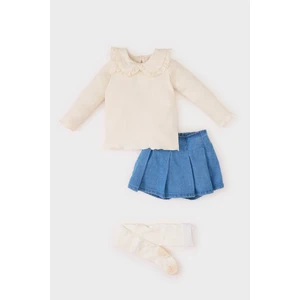 Kız Bebek 3'lü Takım Bebe Yaka Uzun Kollu Tişört Beli Lastikli Jean Şort Etek Külotlu Çorap D9374A525SP