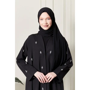 Siyah Önü Çıtçıtlı Cepli Taş Işlemeli Abaya - Ferace