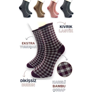 Ciho  Socks Premium 5 Çift Bambu Kadın Dikişsiz Kareli Lastiksiz Roll Top Iz Bırakmaz Soket Çorap