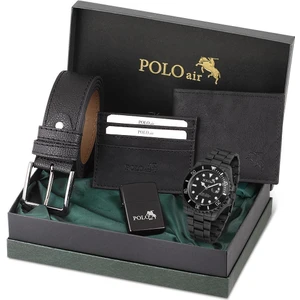 Polo Air Mercek Takvim Erkek Kol Saati Cüzdan Kemer Kartlık Çakmak Kombin Siyah Set PL-0901E1