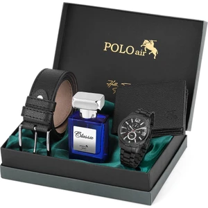 Polo Air Metal Kordon Erkek Kol Saati Cüzdan Kemer Parfüm Kombin Siyah Renk PL-0921E1