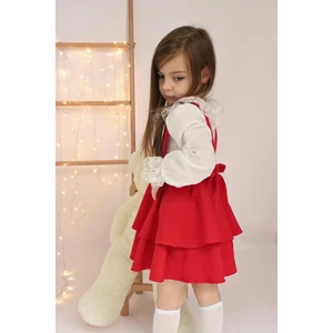 Kız Çocuk Helen Kırmızı Askılı Kat Kat Bağlama Jile Elbise Dantel Detay Ekru Uzun Kollu Bluz Takım TKM-0190.3