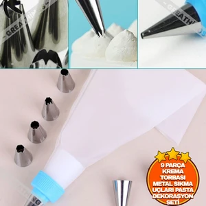 9 Parça Krema Torbası Metal Sıkma Uçları Pasta Kek Dekorasyon Seti