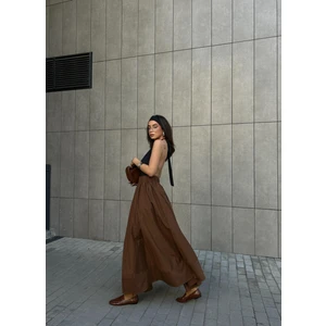 Kahve Poplin Beli Lastikli Uzun Etek 27321