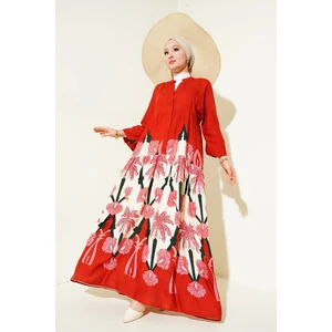 2423 Otantik Desenli Elbise - F.bordo