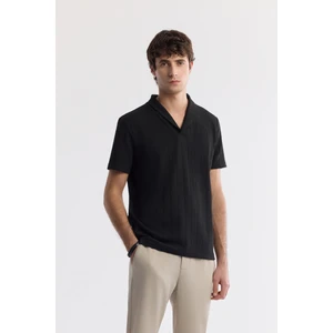 Erkek Regular Fit Siyah Şal Yaka Viskon Karışımlı Jakarlı T-Shirt A51Y1071