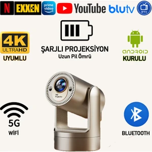 Kalobee Şarjlı Akıllı Mini Projektör Şarjlı Projeksiyon Cihazı - Android Kurulu, 4K/1080P Çözünürlük, Wifi 6, Bluetooth 5.0, Taşınabilir Kablosuz Ev Sineması Projektörü Akıllı Projeksiyon