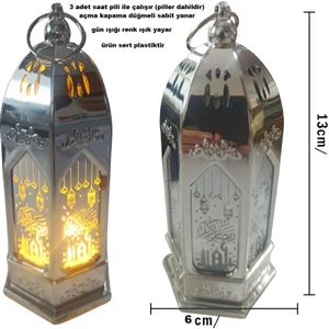 13 x 5  cm  Gümüş Renk Mika Malzeme Ramazan Kandili Gün Işığı LED Fener 1 Adet