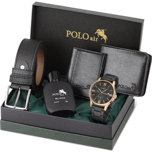 Polo Air Erkek Set Kombin Kemer Cüzdan Kartlık Parfüm Kol Saati Hediyelik Kutusunda Siyah Bakır Set PL-0963E5