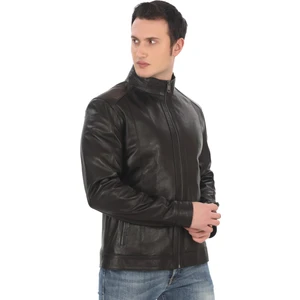 Erkek  Mont Slim Fit Siyah Biker Ceket Fermuarlı Dik Yaka Deri Dış Giyim