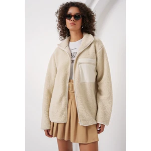 55446 Fermuarlı Oversize Peluş Ceket Mont - Krem