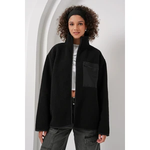 55446 Fermuarlı Oversize Peluş Ceket Mont - Siyah