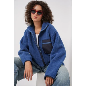 55446 Fermuarlı Oversize Peluş Ceket - Saks