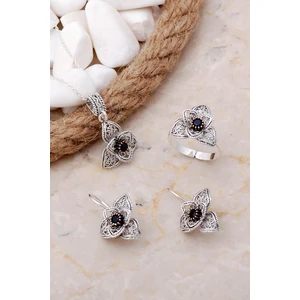 Sümer Telkari Açelya Çiçeği Safir Taşlı Telkari Elişi Gümüş Set 2548