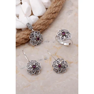 Sümer Telkari Yakut Taşlı Çiçek Telkari Elişi Gümüş Set 2550