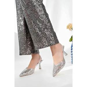 BA04565 Gümüş Kadın Damla Taşlı Şeffaf Lastikli 7 cm Topuklu Ayakkabı