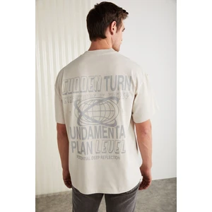 Apolo Erkek Sırt Baskı Detaylı Oversize %100 Organik Pamuk Örme Kısa Kol Taş Rengi T-shirt