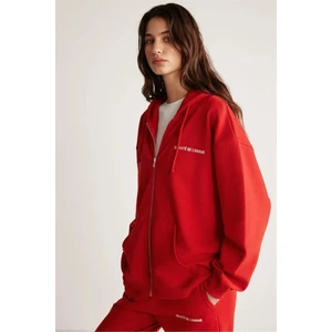 Ametıs Kadın Örme Oversize Kapüşonlu Fermuarlı Yazi Detaylı Kırmızı Sweatshirt