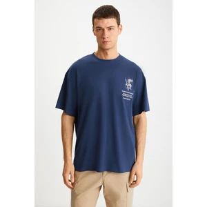 ALONZO Erkek Oversize Fit %100 Pamuk Nakışlı Ve Baskılı Lacivert T-Shirt