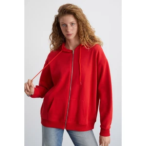 Alena Kadın Oversize Organik Pamuklu Metal Fermuarlı Kapüşonlu Içi Polarlı Kırmızı Sweatshirt