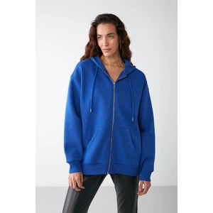 Alena Kadın Basic Kanguru Cepli Oversize Organik Pamuk Fermuarlı Kapüşonlu Saks Mavi Sweatshirt