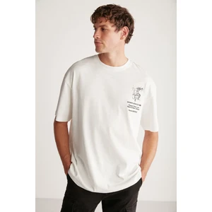 Alonzo Erkek Oversize Fit %100 Pamuk Nakışlı Ve Baskılı Ekru T-shirt