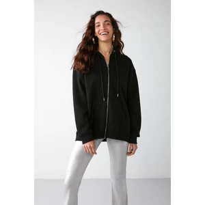 Alena Kadın Basic Kanguru Cepli Oversize Organik Pamuk Fermuarlı Kapüşonlu Siyah Sweatshirt